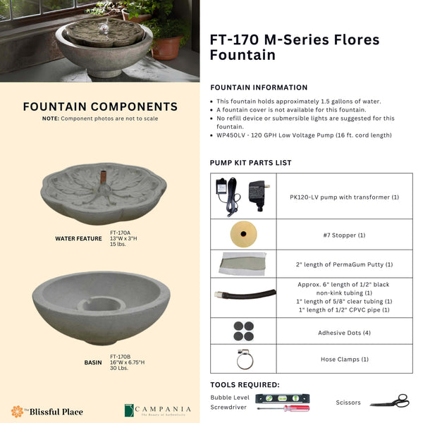 Complete overview of the M-Series Flores Fountain with dimensions, weights, pump kit parts, tools, and general info.