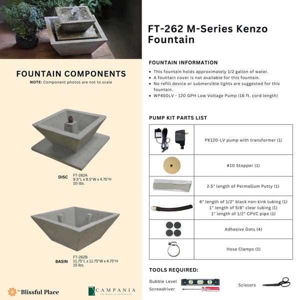 Complete overview of the M-Series Kenzo Fountain with dimensions, weights, pump kit parts, tools, and general info.