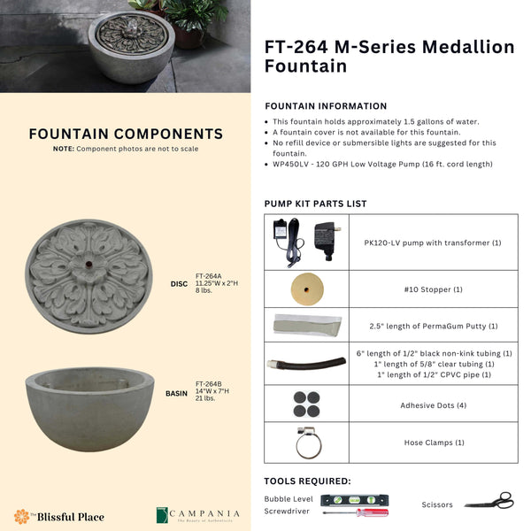 Complete overview of the M-Series Medallion Fountain with dimensions, weights, pump kit parts, tools, and general info.