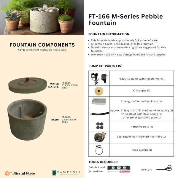 Complete overview of the M-Series Pebble Fountain with dimensions, weights, pump kit parts, tools, and general info.