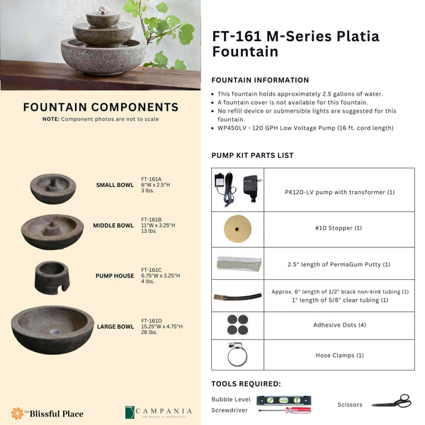 Complete overview of the M-Series Platia Fountain with dimensions, weights, pump kit parts, tools, and general info.