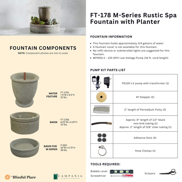 Info sheet for the M-Series Rustic Spa Fountain with Planter listing components, dimensions, weights, pump parts, and required tools.