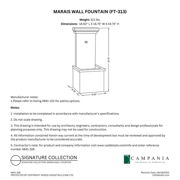 CAD drawing of the Marais Wall Fountain with dimensions, weight, and manufacturer notes.