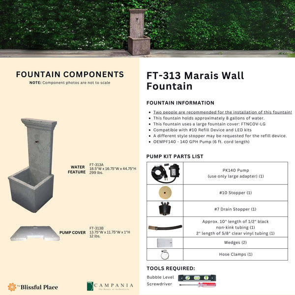 Complete overview of the Marais Wall Fountain with dimensions, weights, pump kit parts, tools, and general info.