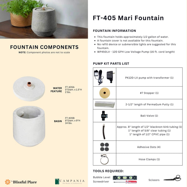 Complete overview of the Mari Fountain with dimensions, weights, pump kit parts, tools, and general info.