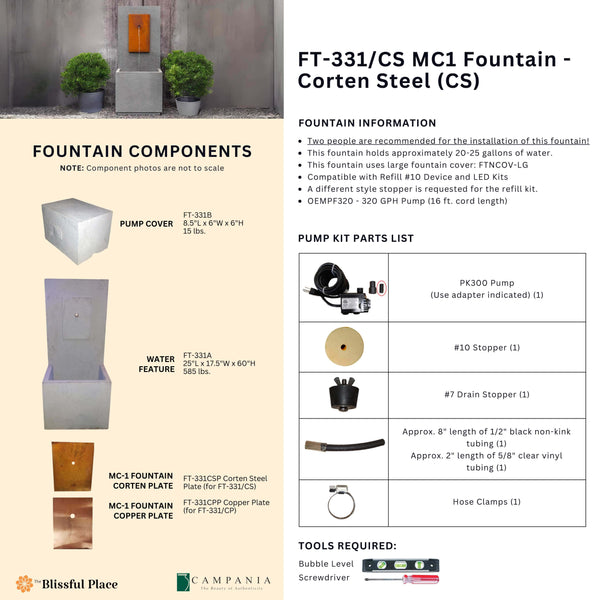 Complete overview of the MC-1 Fountain - Corten Steel with dimensions, weights, pump kit parts, tools, and general info.