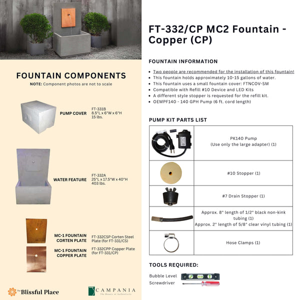 Complete overview of the MC-2 Fountain - Copper with dimensions, weights, pump kit parts, tools, and general info.