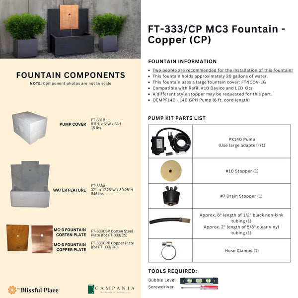 Complete overview of the MC-3 Fountain - Copper with dimensions, weights, pump kit parts, tools, and general info.