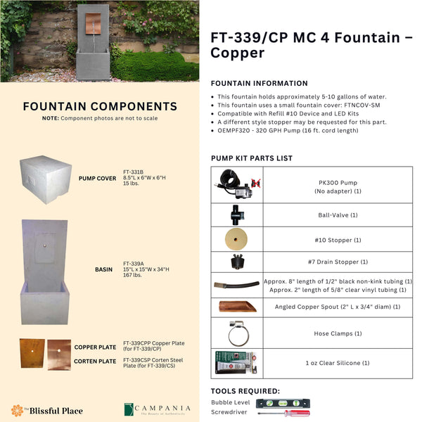 Complete overview of the MC-4 Fountain - Copper with dimensions, weights, pump kit parts, tools, and general info.