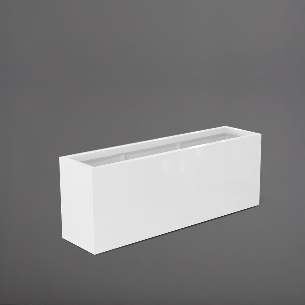 Miami Rectangle Fiberglass Planter in gloss bright white against gray background.