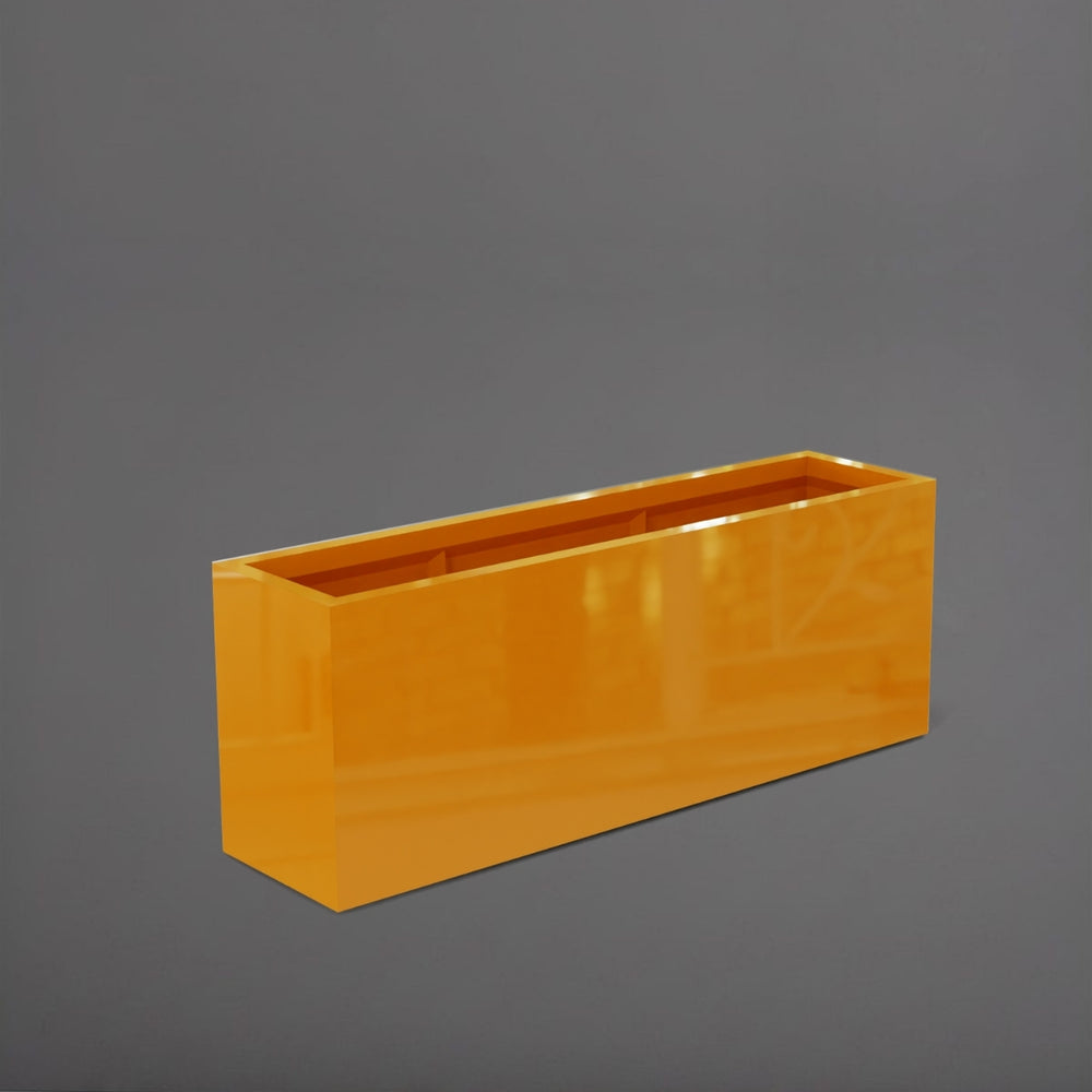 Miami Rectangle Fiberglass Planter in gloss tangerine against gray background.