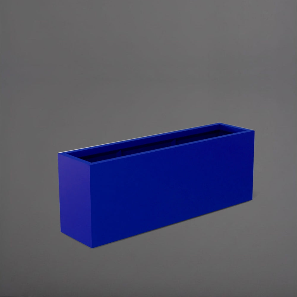 Miami Rectangle Fiberglass Planter in matte cobalt blue against gray background.