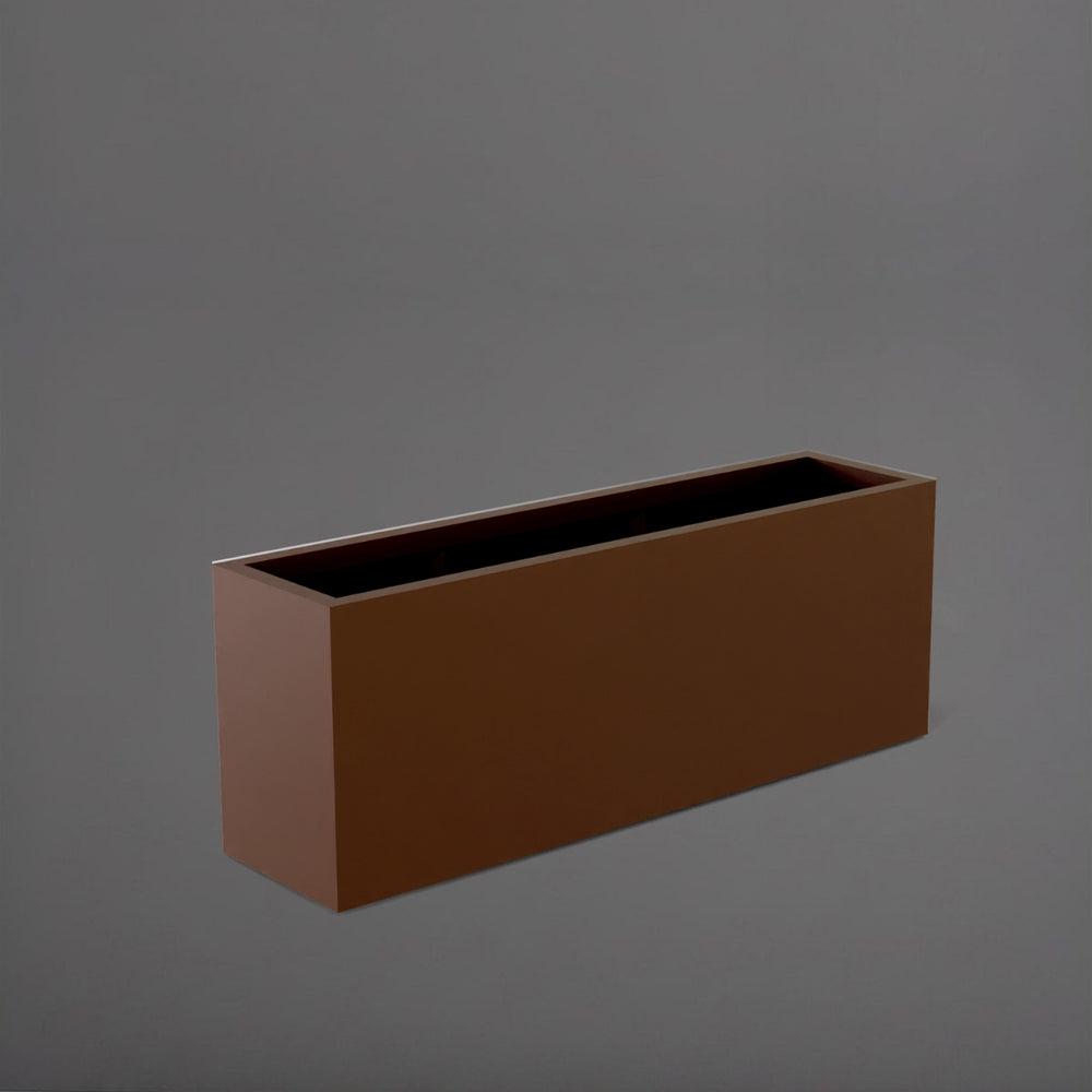 Miami Rectangle Fiberglass Planter in matte dark brown against gray background.