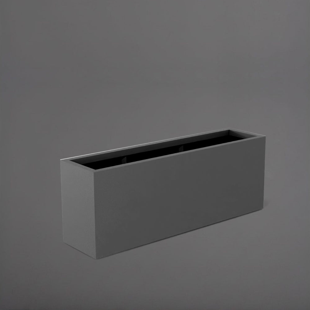 Miami Rectangle Fiberglass Planter in matte gunmetal against gray background.