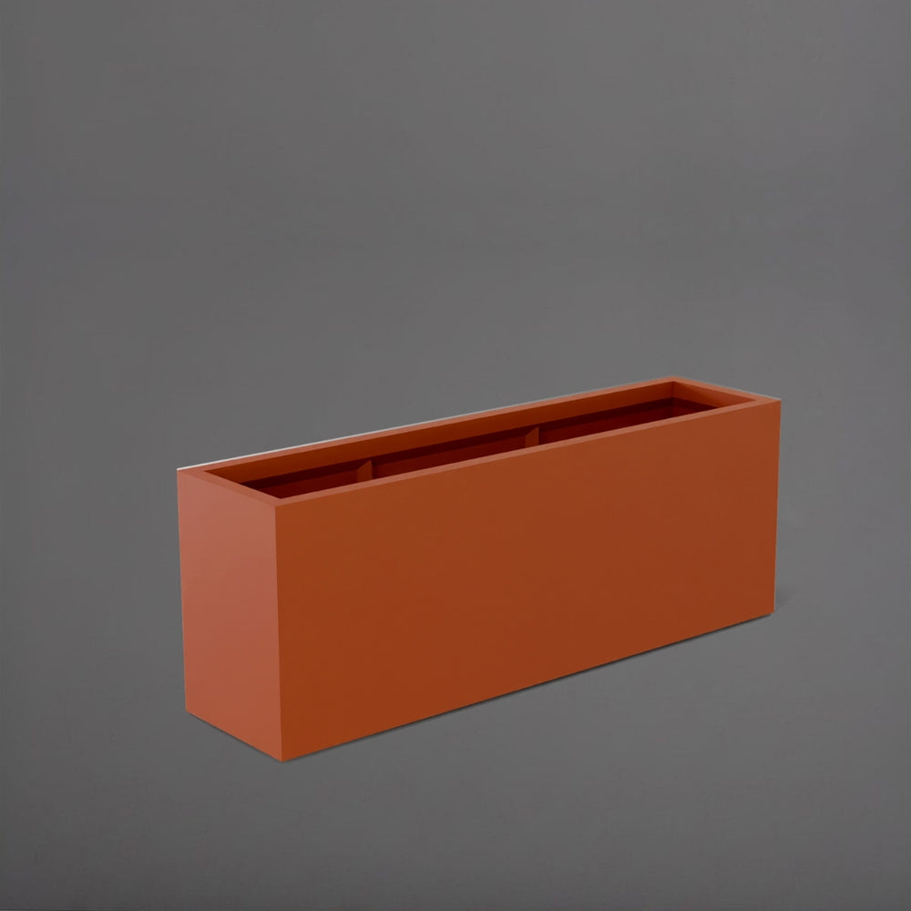 Miami Rectangle Fiberglass Planter in matte terra cotta against gray background.