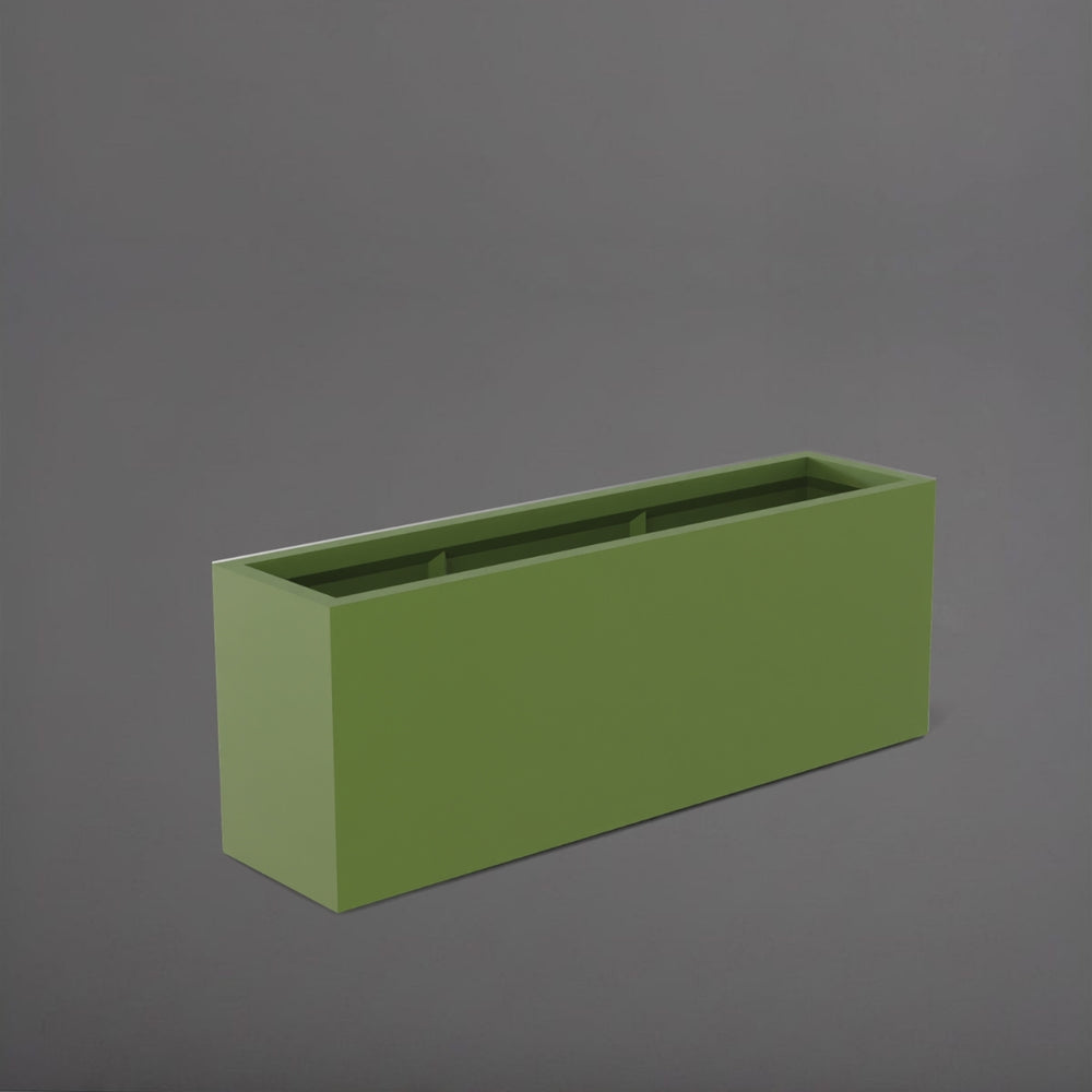 Miami Rectangle Fiberglass Planter in satin green against gray background.