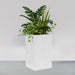 Miami Short Corner Fiberglass Planter filled with plants against gray background.