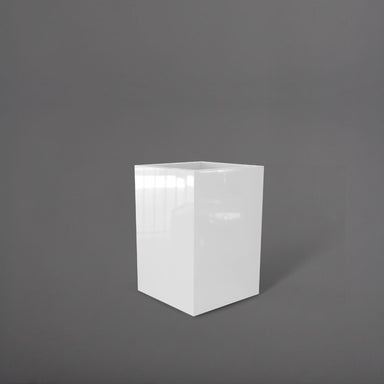 Miami Short Corner Fiberglass Planter in gloss bright white against gray background.