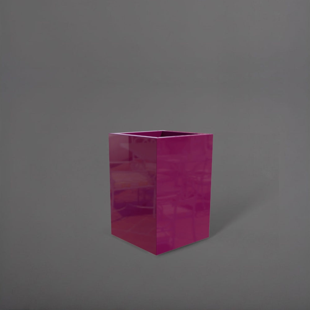 Miami Short Corner Fiberglass Planter  in gloss eggplant against gray background.