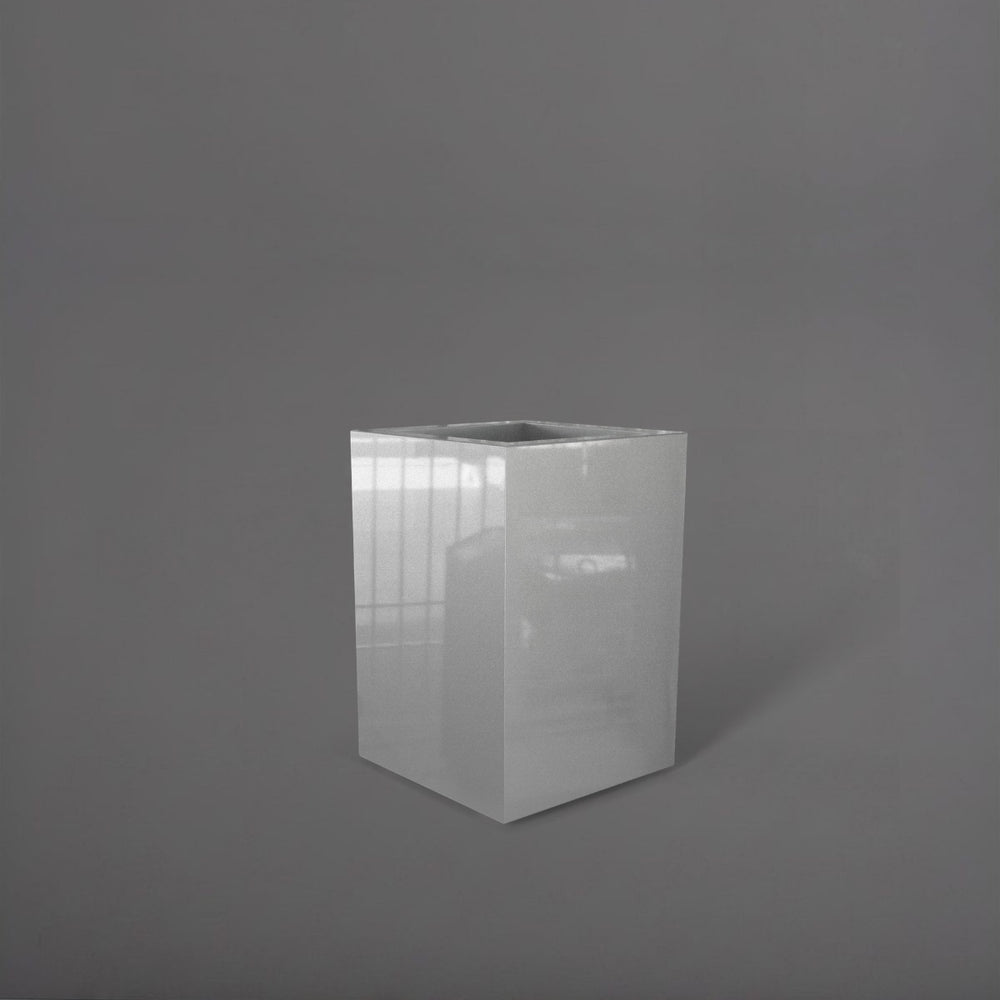 Miami Short Corner Fiberglass Planter in metallic silver against gray background.