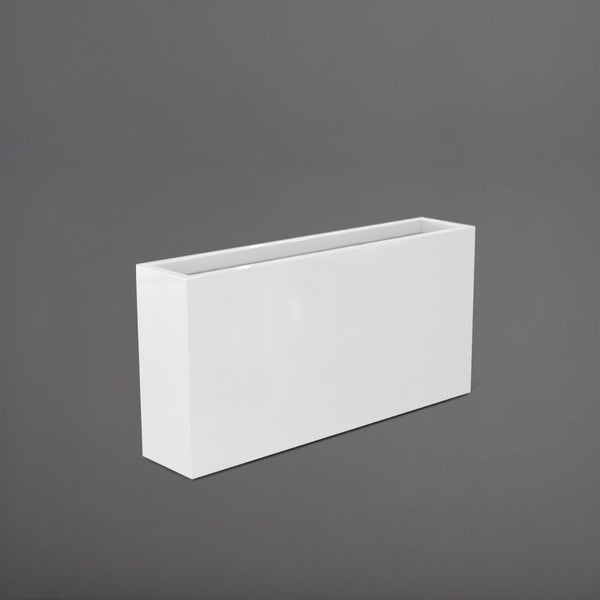Milano Narrow Rectangle Planter in gloss bright white against gray background. 