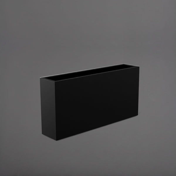 Milano Narrow Rectangle Planter in matte black against gray background.