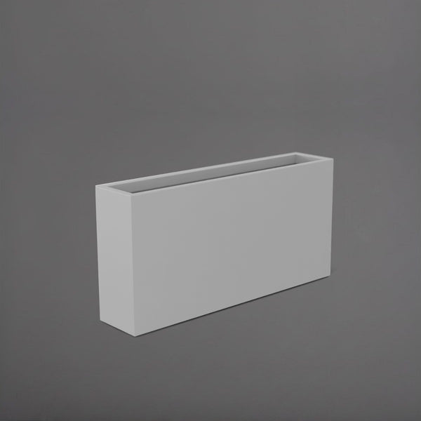 Milano Narrow Rectangle Planter in matte cement grey against gray background.