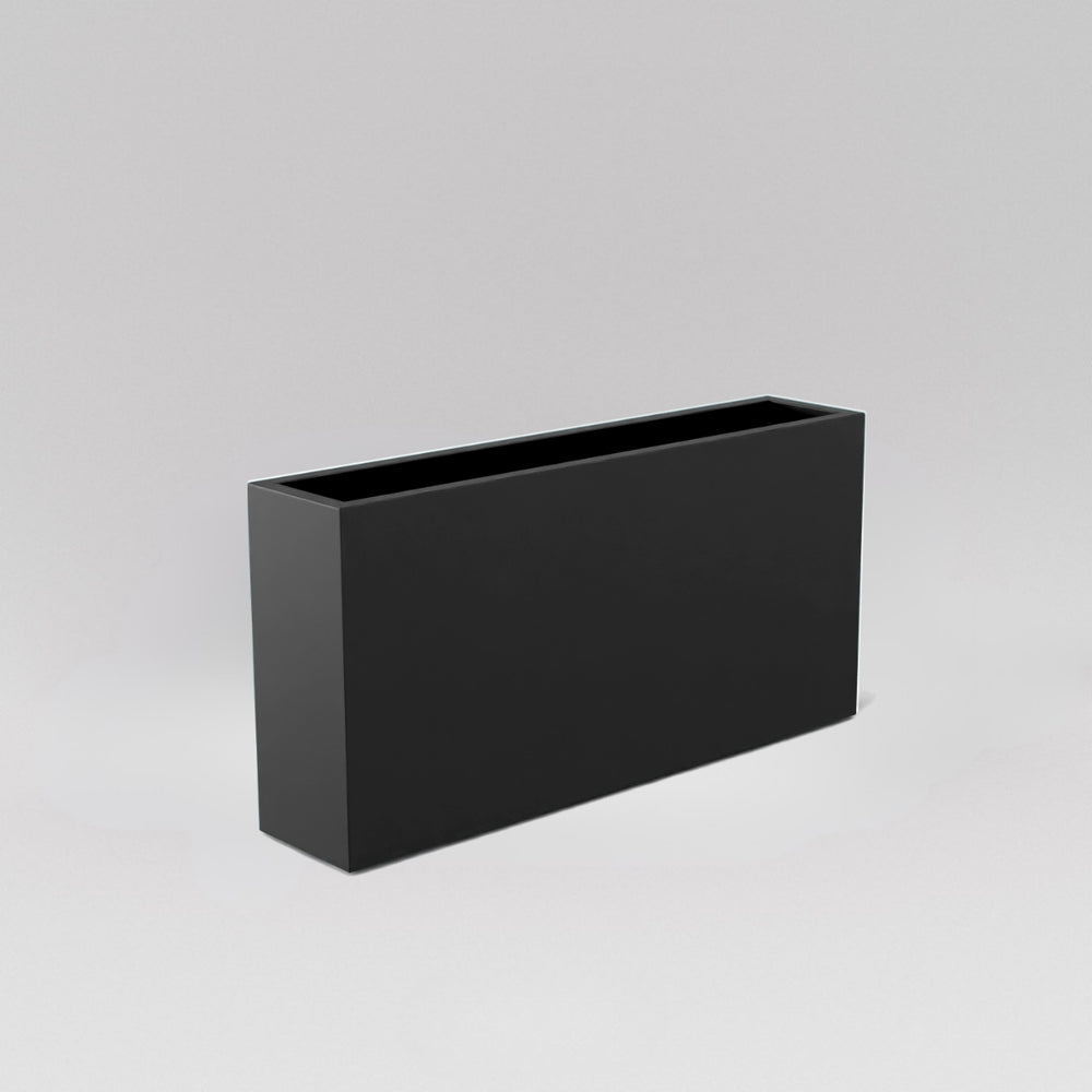 Milano Narrow Rectangle Planter in matte charcoal against gray background.