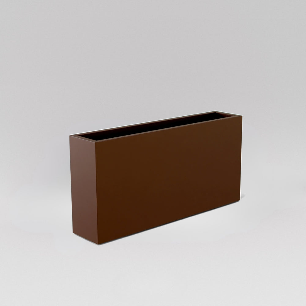 Milano Narrow Rectangle Planter in matte dark brown against gray background.