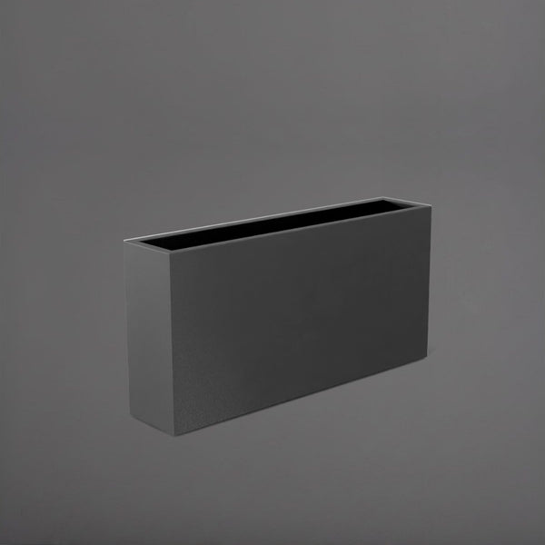 Milano Narrow Rectangle Planter in matte gun metal against gray background.