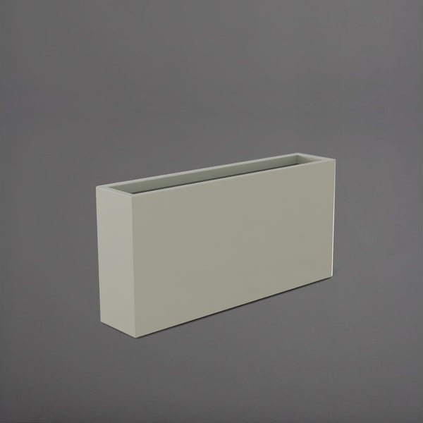  Milano Narrow Rectangle Planter in satin beige against gray background.