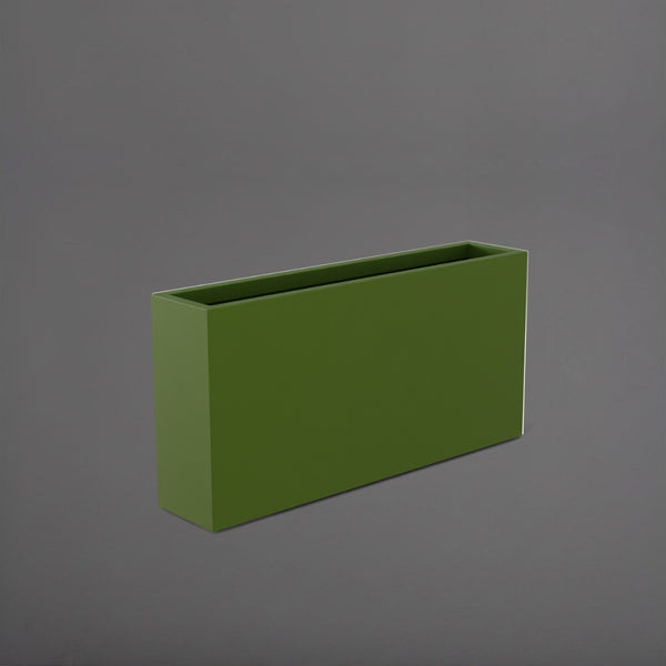 Milano Narrow Rectangle Planter in satin green against gray background.