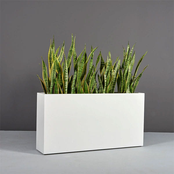 Milano Narrow Rectangle Planter on concrete filled with plants.