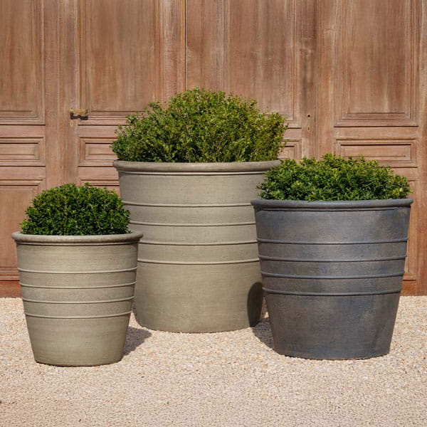Mill Valley Planter shown in different sizes filled with plants.