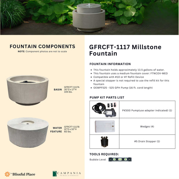 Complete overview of the Millstone Fountain with dimensions, weights, pump kit parts, tools, and general info.