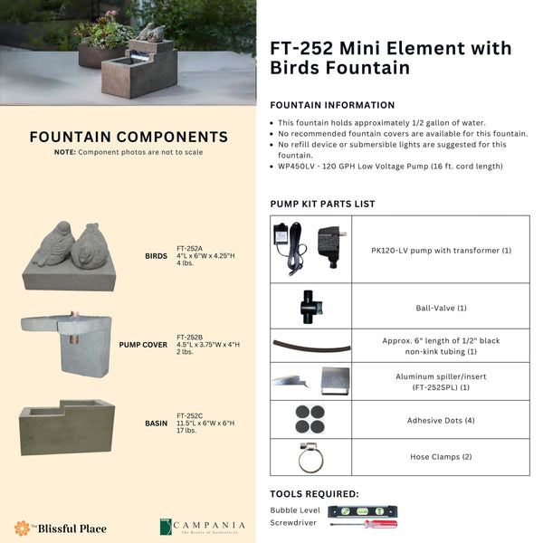 Complete overview of the Mini Element with Birds Fountain with dimensions, weights, pump kit parts, tools, and general info.