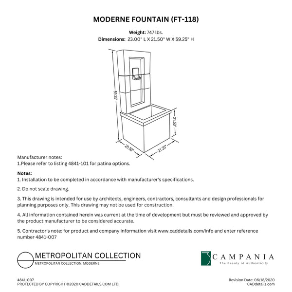 CAD drawing of the Moderne Fountain with dimensions, weight, and manufacturer notes.