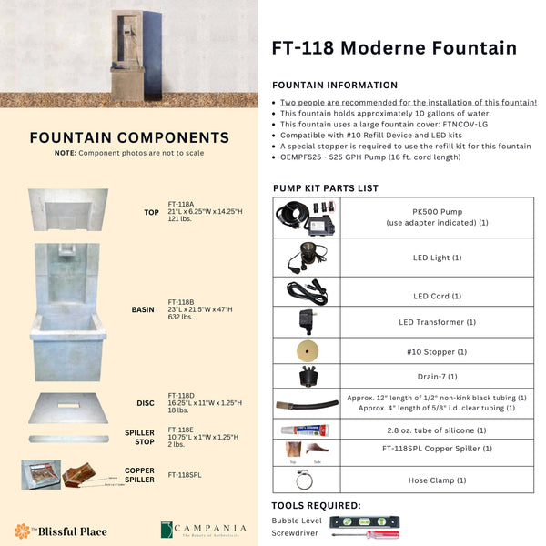 Complete overview of the Moderne Fountain with dimensions, weights, pump kit parts, tools, and general info.