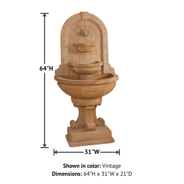 Montefalco Wall Fountain with concrete water spout with product details.