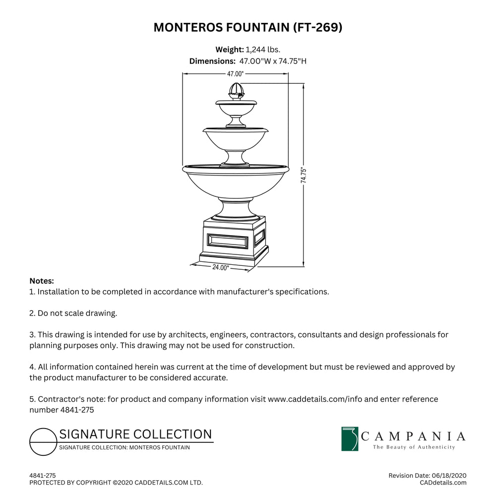 CAD drawing of the Monteros Fountain with dimensions, weight, and manufacturer notes.
