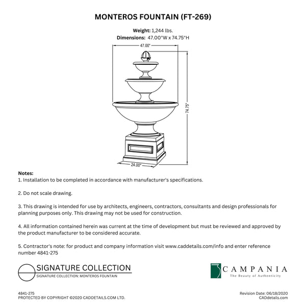 CAD drawing of the Monteros Fountain with dimensions, weight, and manufacturer notes.