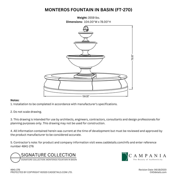 CAD drawing of the Monteros Fountain in Basin with dimensions, weight, and manufacturer notes.