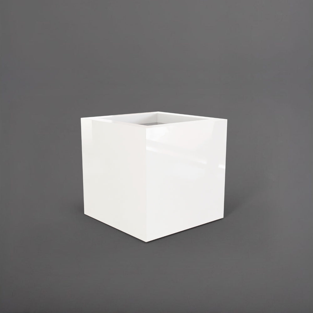 Montroy Cube Fiberglass Planter in gloss bright white against gray background.