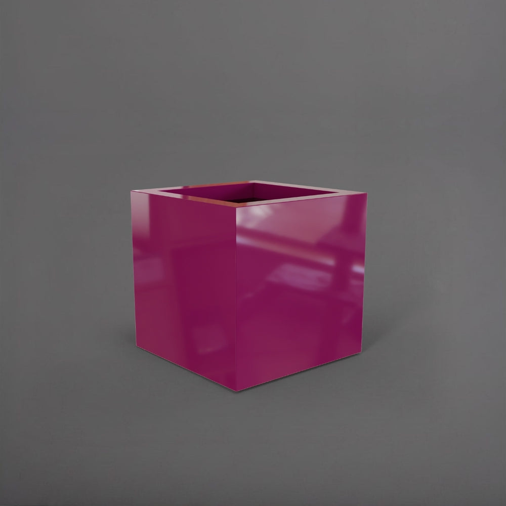 Montroy Cube Fiberglass Planter in gloss eggplant against gray background.