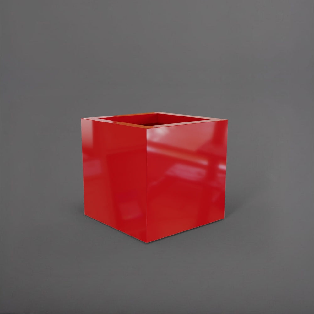 Montroy Cube Fiberglass Planter in gloss red against gray background.