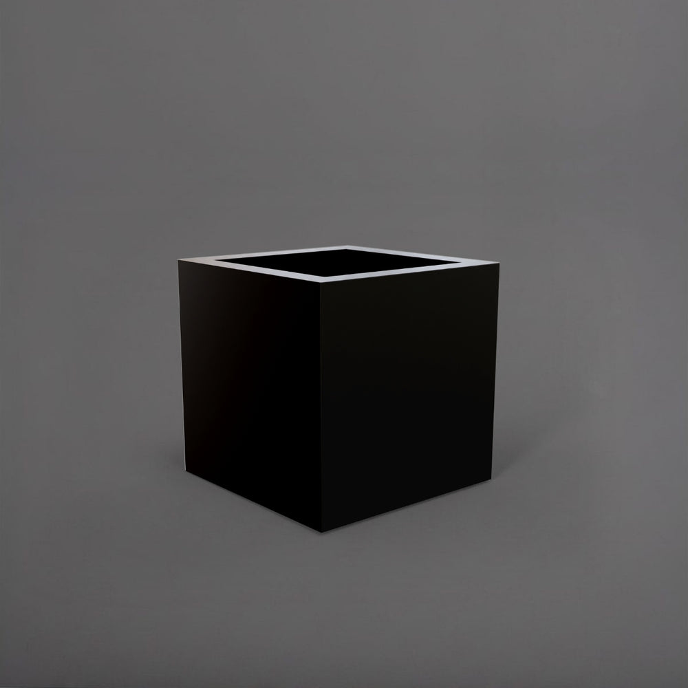 Montroy Cube Fiberglass Planter in matte black against gray background.