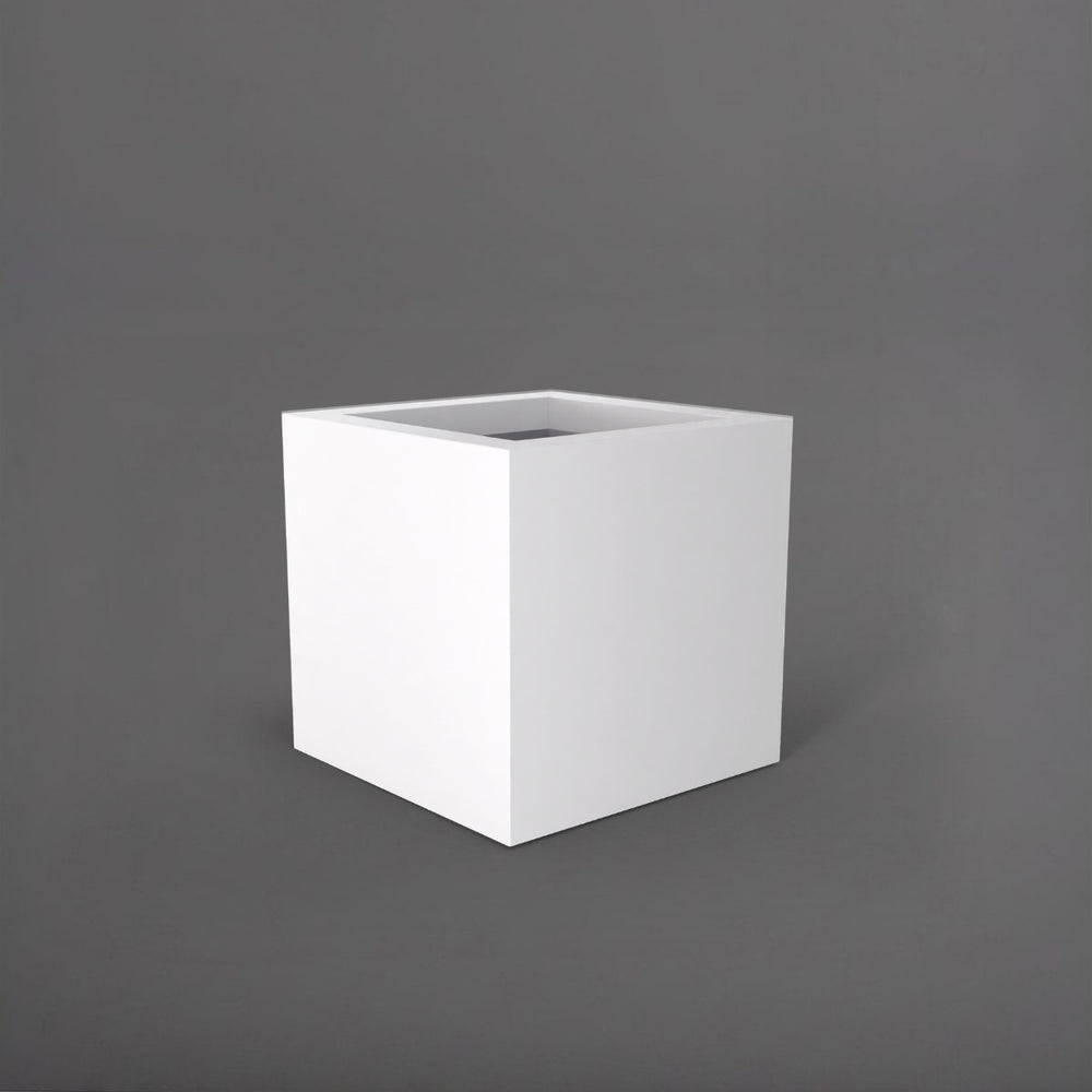 Montroy Cube Fiberglass Planter in matte bright white against gray background.