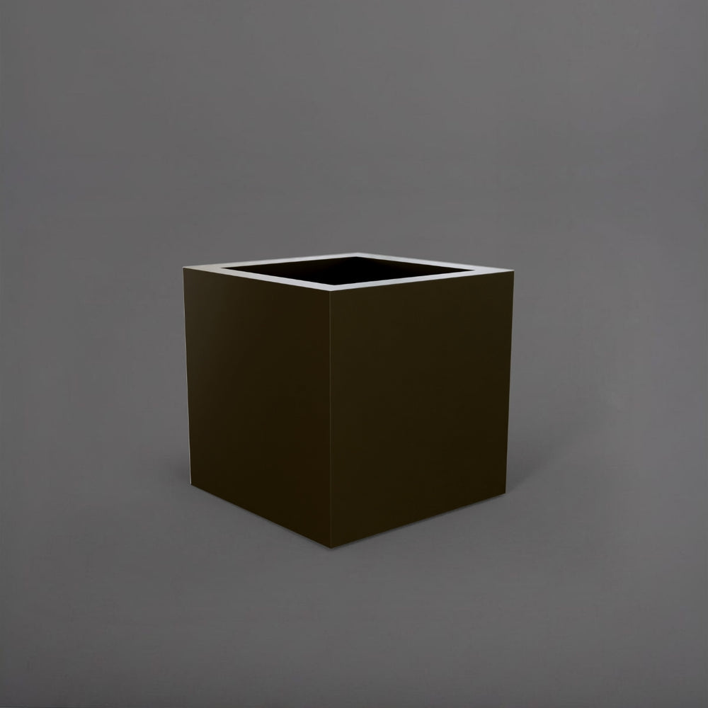 Montroy Cube Fiberglass Planter in matte bronze against gray background.