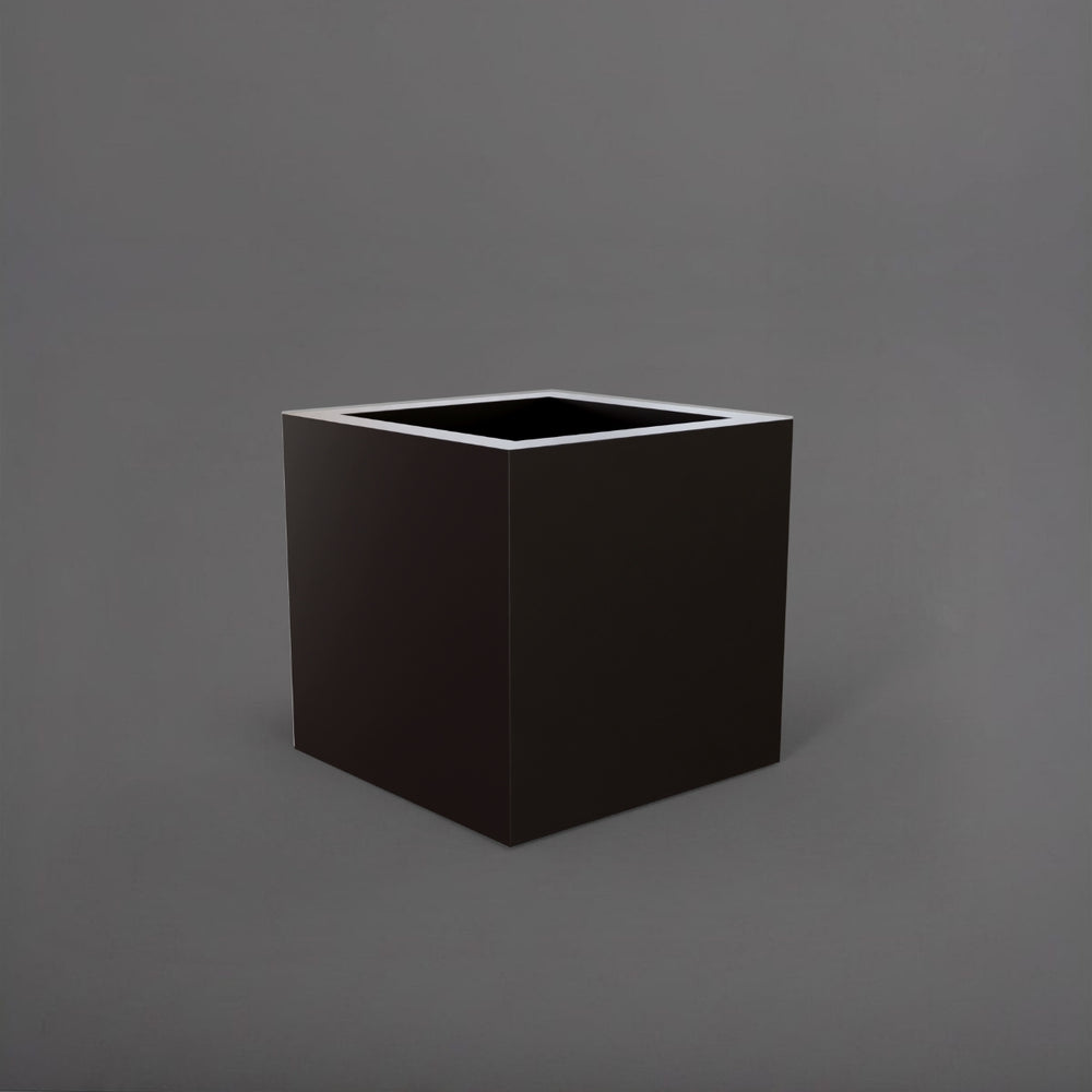Montroy Cube Fiberglass Planter in matte charcoal against gray background.