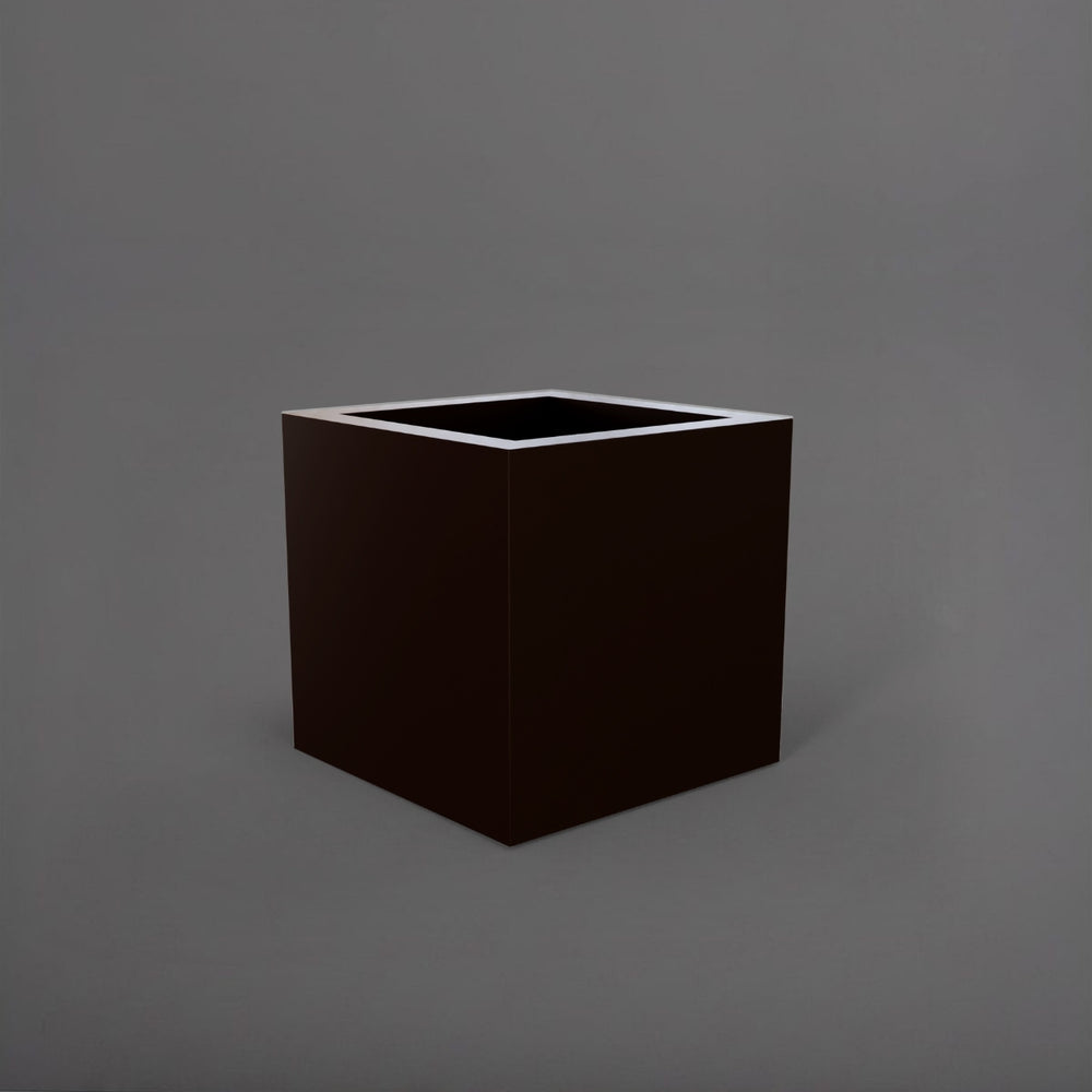 Montroy Cube Fiberglass Planter in matte dark brown against gray background.